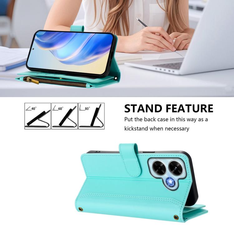 For Redmi Note 13 4G Magnetic Closure 9 Card Slots Zipper Leather Case with Hand Strap
