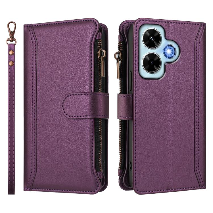 For Redmi Note 13 4G Magnetic Closure 9 Card Slots Zipper Leather Case with Hand Strap