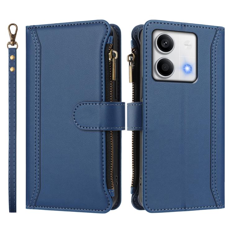 For Redmi Note 13 5G Magnetic Closure 9 Card Slots Zipper Leather Case with Hand Strap