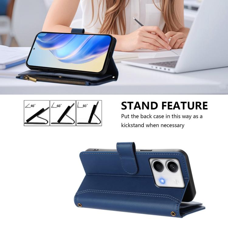 For Redmi Note 13 5G Magnetic Closure 9 Card Slots Zipper Leather Case with Hand Strap