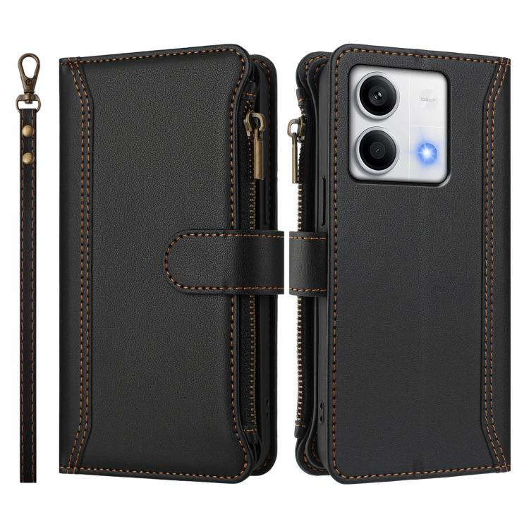 For Redmi Note 13 5G Magnetic Closure 9 Card Slots Zipper Leather Case with Hand Strap