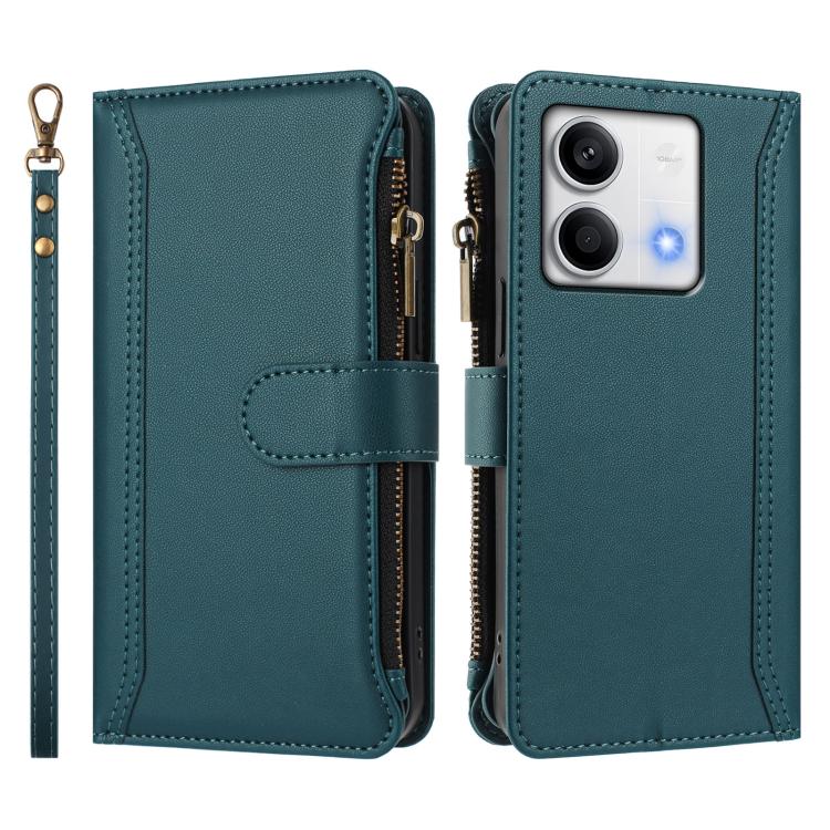 For Redmi Note 13 5G Magnetic Closure 9 Card Slots Zipper Leather Case with Hand Strap