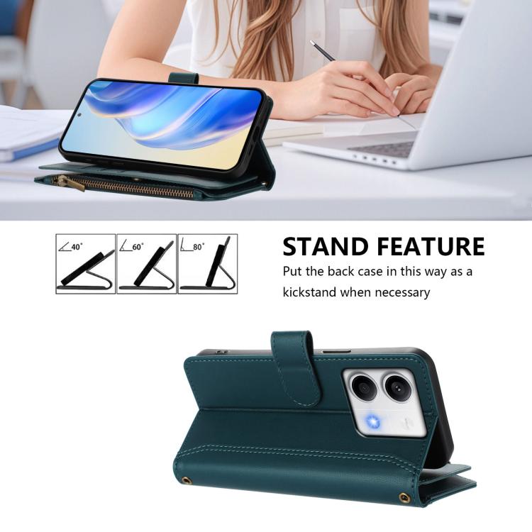 For Redmi Note 13 5G Magnetic Closure 9 Card Slots Zipper Leather Case with Hand Strap