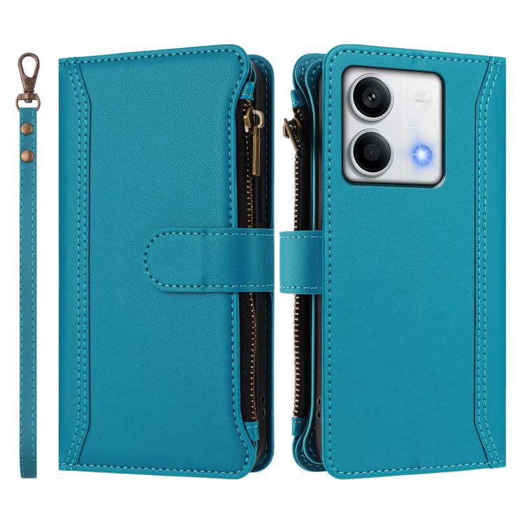 For Redmi Note 13 5G Magnetic Closure 9 Card Slots Zipper Leather Case with Hand Strap