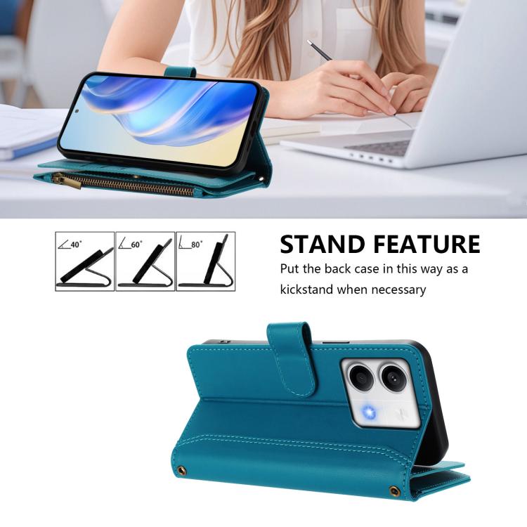 For Redmi Note 13 5G Magnetic Closure 9 Card Slots Zipper Leather Case with Hand Strap