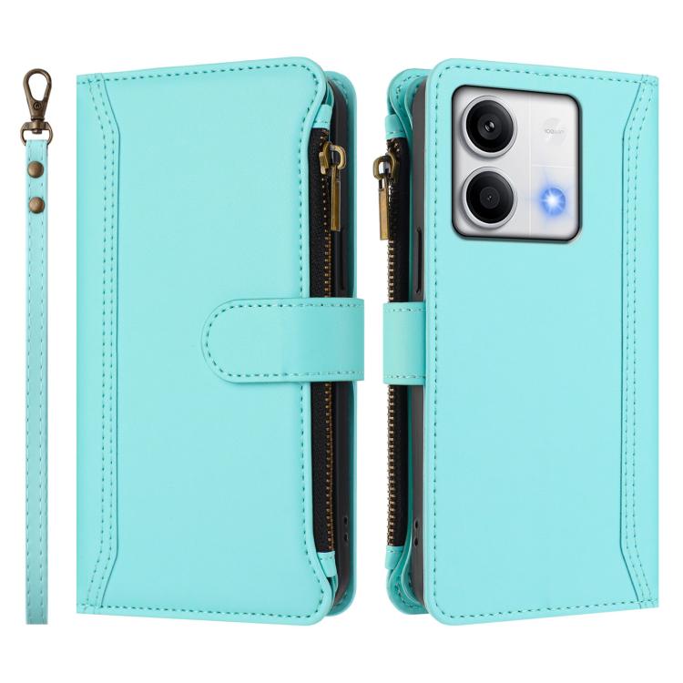 For Redmi Note 13 5G Magnetic Closure 9 Card Slots Zipper Leather Case with Hand Strap