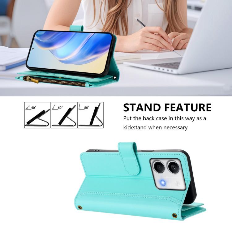 For Redmi Note 13 5G Magnetic Closure 9 Card Slots Zipper Leather Case with Hand Strap
