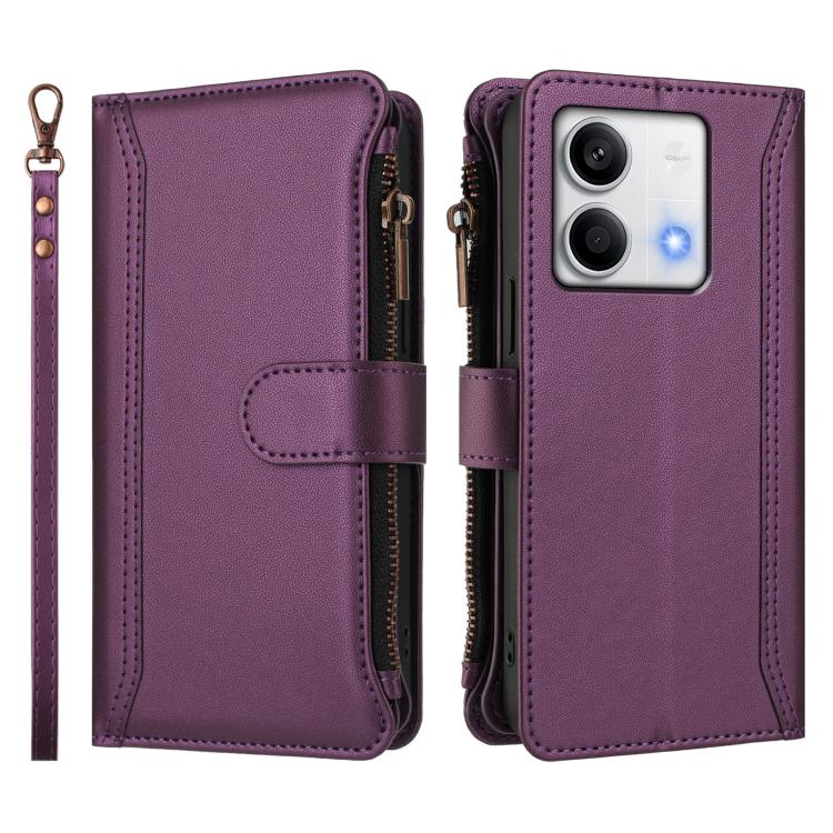 For Redmi Note 13 5G Magnetic Closure 9 Card Slots Zipper Leather Case with Hand Strap