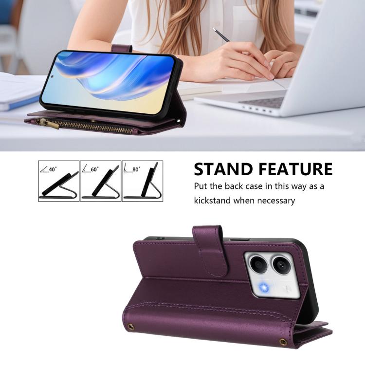 For Redmi Note 13 5G Magnetic Closure 9 Card Slots Zipper Leather Case with Hand Strap