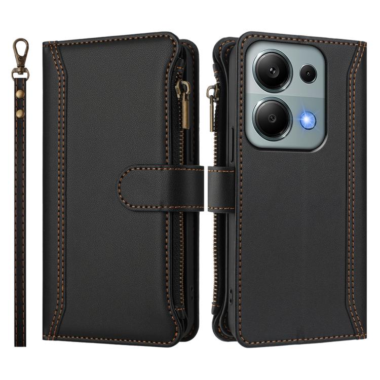 For Redmi Note 13 Pro 4G / Poco M6 Pro 4G Magnetic Closure 9 Card Slots Zipper Leather Case with Hand Strap