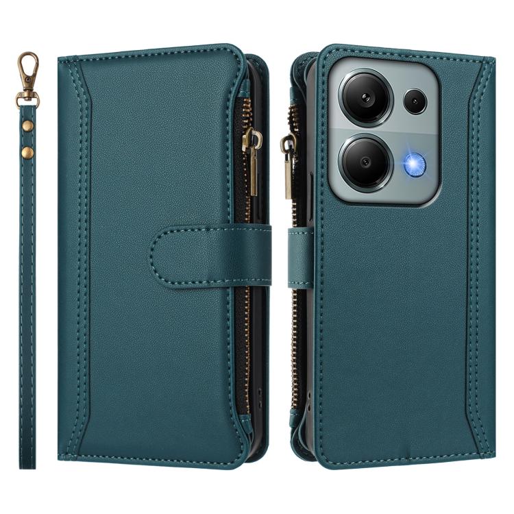 For Redmi Note 13 Pro 4G / Poco M6 Pro 4G Magnetic Closure 9 Card Slots Zipper Leather Case with Hand Strap