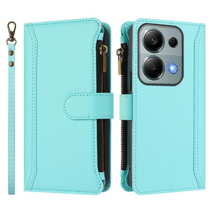 For Redmi Note 13 Pro 4G / Poco M6 Pro 4G Magnetic Closure 9 Card Slots Zipper Leather Case with Hand Strap