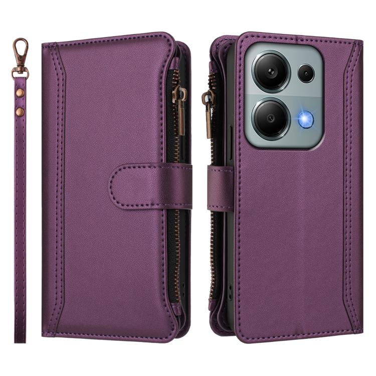 For Redmi Note 13 Pro 4G / Poco M6 Pro 4G Magnetic Closure 9 Card Slots Zipper Leather Case with Hand Strap