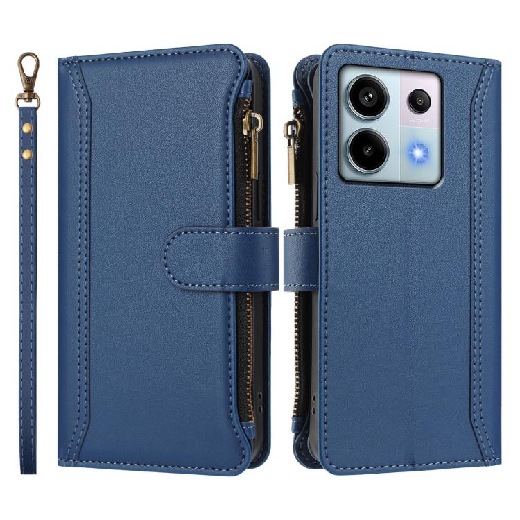 For Redmi Note 13 Pro 5G / Poco X6 Magnetic Closure 9 Card Slots Zipper Leather Case with Hand Strap