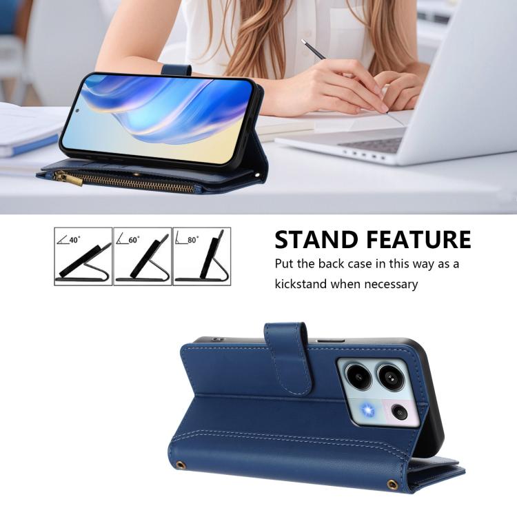 For Redmi Note 13 Pro 5G / Poco X6 Magnetic Closure 9 Card Slots Zipper Leather Case with Hand Strap