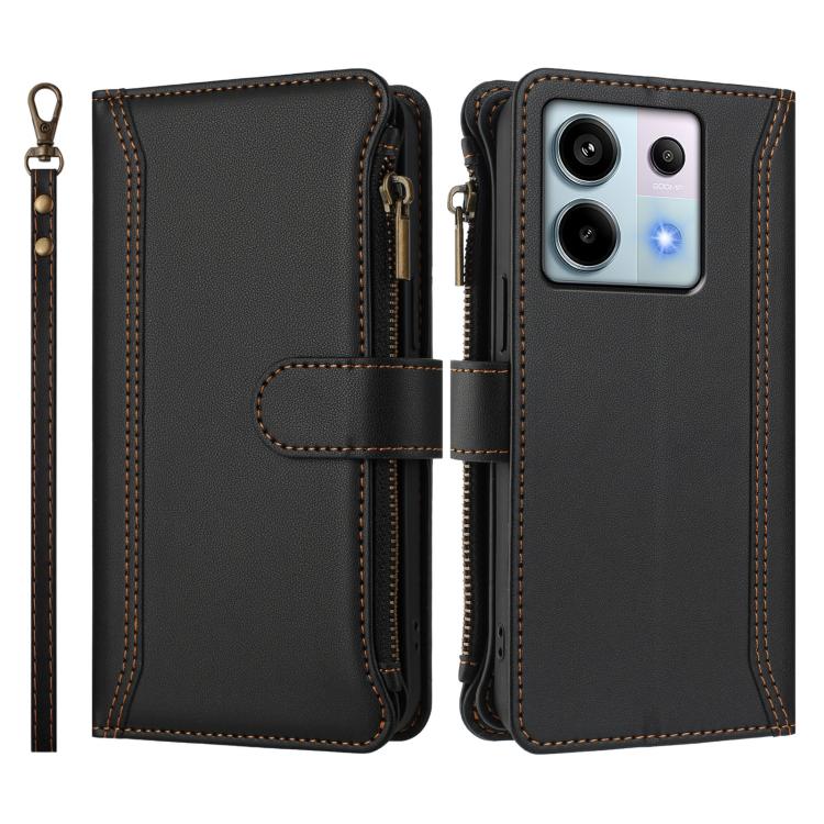 For Redmi Note 13 Pro 5G / Poco X6 Magnetic Closure 9 Card Slots Zipper Leather Case with Hand Strap