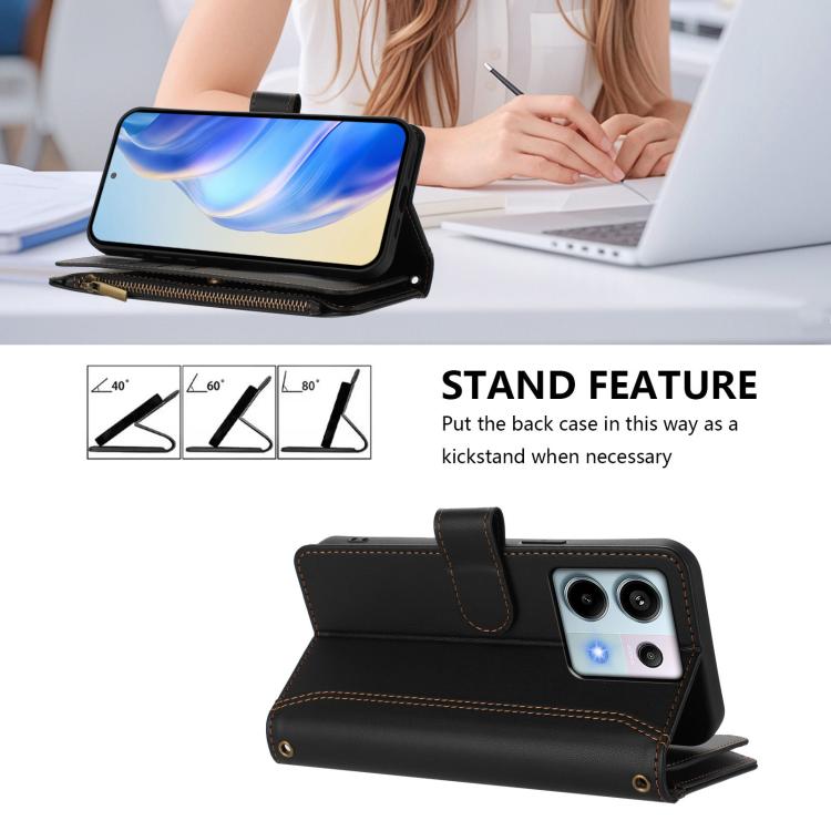 For Redmi Note 13 Pro 5G / Poco X6 Magnetic Closure 9 Card Slots Zipper Leather Case with Hand Strap