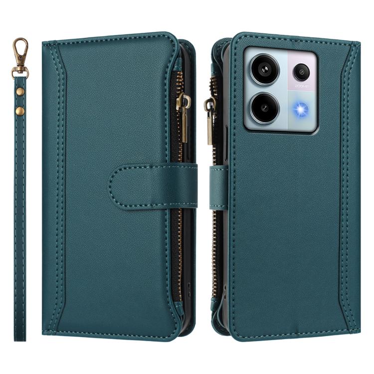 For Redmi Note 13 Pro 5G / Poco X6 Magnetic Closure 9 Card Slots Zipper Leather Case with Hand Strap