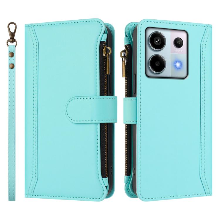 For Redmi Note 13 Pro 5G / Poco X6 Magnetic Closure 9 Card Slots Zipper Leather Case with Hand Strap