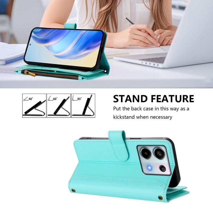 For Redmi Note 13 Pro 5G / Poco X6 Magnetic Closure 9 Card Slots Zipper Leather Case with Hand Strap