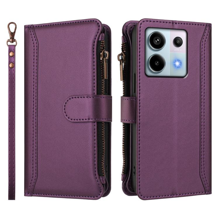 For Redmi Note 13 Pro 5G / Poco X6 Magnetic Closure 9 Card Slots Zipper Leather Case with Hand Strap