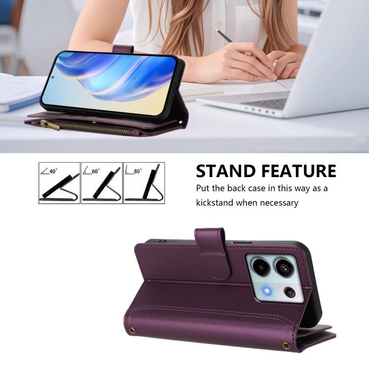 For Redmi Note 13 Pro 5G / Poco X6 Magnetic Closure 9 Card Slots Zipper Leather Case with Hand Strap