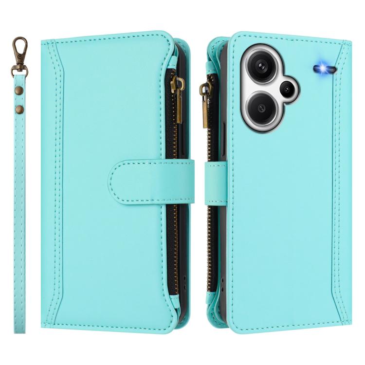 For Redmi Note 13 Pro+ 5G Magnetic Closure 9 Card Slots Zipper Leather Case with Hand Strap
