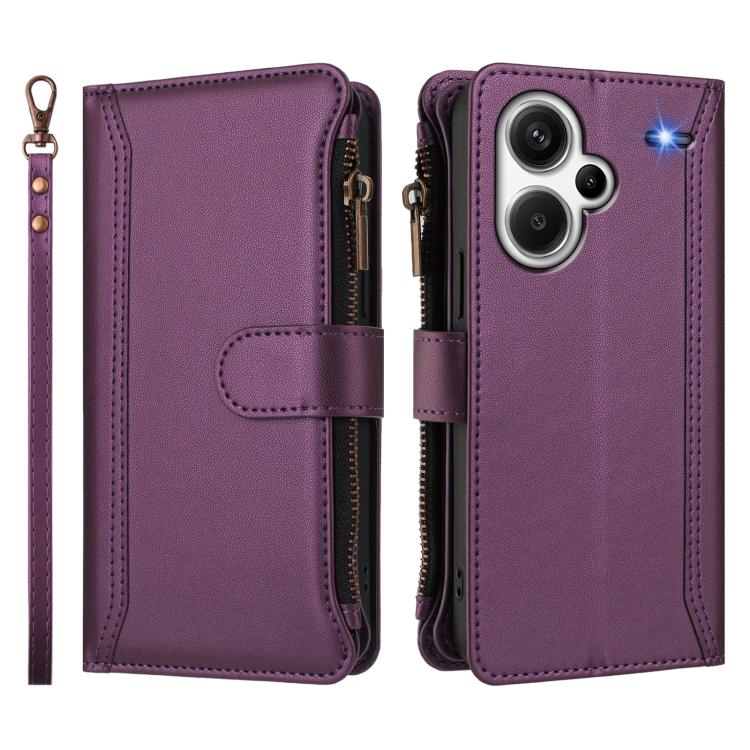 For Redmi Note 13 Pro+ 5G Magnetic Closure 9 Card Slots Zipper Leather Case with Hand Strap