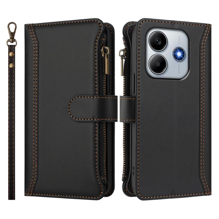 For Redmi Note 14 4G 163.25mm Magnetic Closure 9 Card Slots Zipper Leather Case with Hand Strap