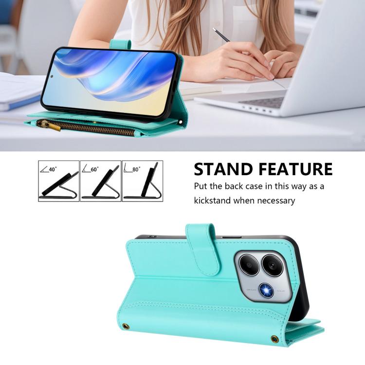 For Redmi Note 14 4G 163.25mm Magnetic Closure 9 Card Slots Zipper Leather Case with Hand Strap