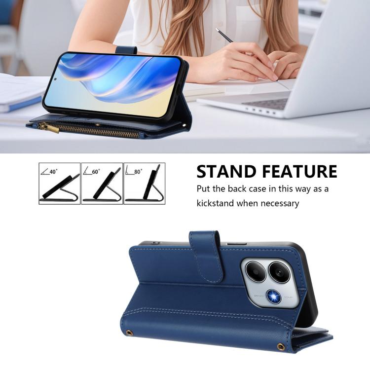 For Redmi Note 14 4G 164.84mm Magnetic Closure 9 Card Slots Zipper Leather Case with Hand Strap