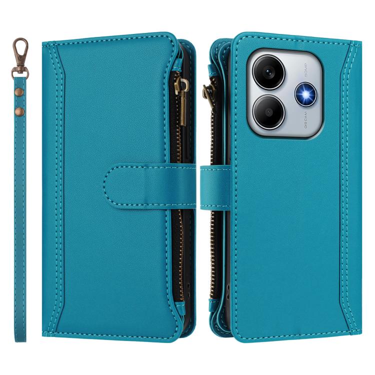 For Redmi Note 14 4G 164.84mm Magnetic Closure 9 Card Slots Zipper Leather Case with Hand Strap