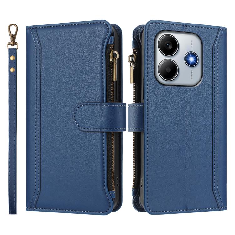 For Redmi Note 14 5G / Poco M7 Pro 5G Magnetic Closure 9 Card Slots Zipper Leather Case with Hand Strap