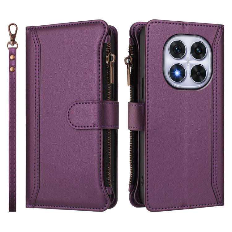 For Redmi Note 14 Pro 4G Magnetic Closure 9 Card Slots Zipper Leather Case with Hand Strap