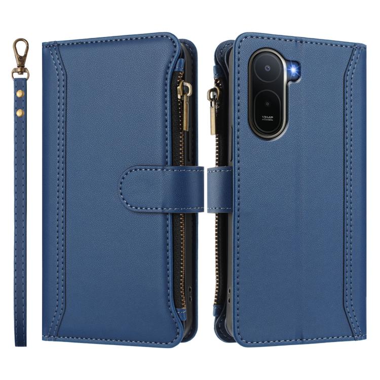 For Redmi A7 Pro 4G Global / Poco C85x 5G Magnetic Closure 9 Card Slots Zipper Leather Case with Hand Strap