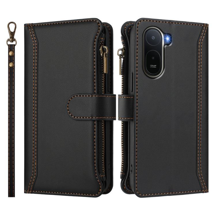 For Redmi A7 Pro 4G Global / Poco C85x 5G Magnetic Closure 9 Card Slots Zipper Leather Case with Hand Strap