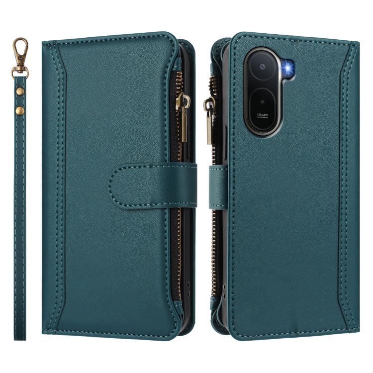 For Redmi A7 Pro 4G Global / Poco C85x 5G Magnetic Closure 9 Card Slots Zipper Leather Case with Hand Strap