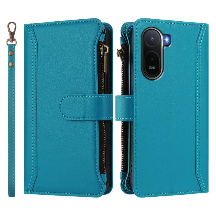 For Redmi A7 Pro 4G Global / Poco C85x 5G Magnetic Closure 9 Card Slots Zipper Leather Case with Hand Strap