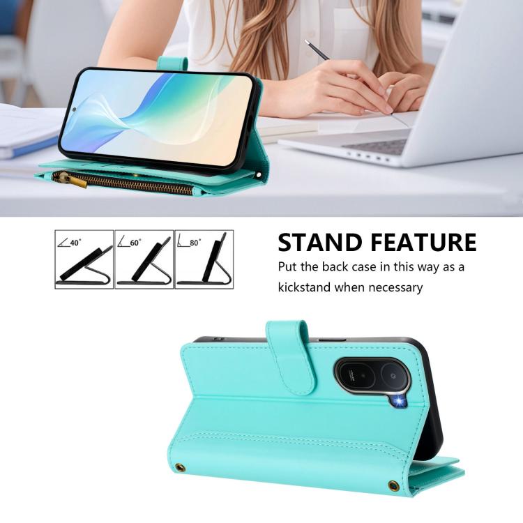 For Redmi A7 Pro 4G Global / Poco C85x 5G Magnetic Closure 9 Card Slots Zipper Leather Case with Hand Strap