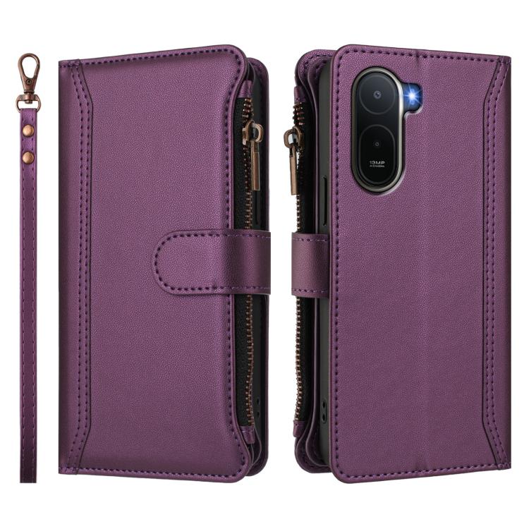For Redmi A7 Pro 4G Global / Poco C85x 5G Magnetic Closure 9 Card Slots Zipper Leather Case with Hand Strap