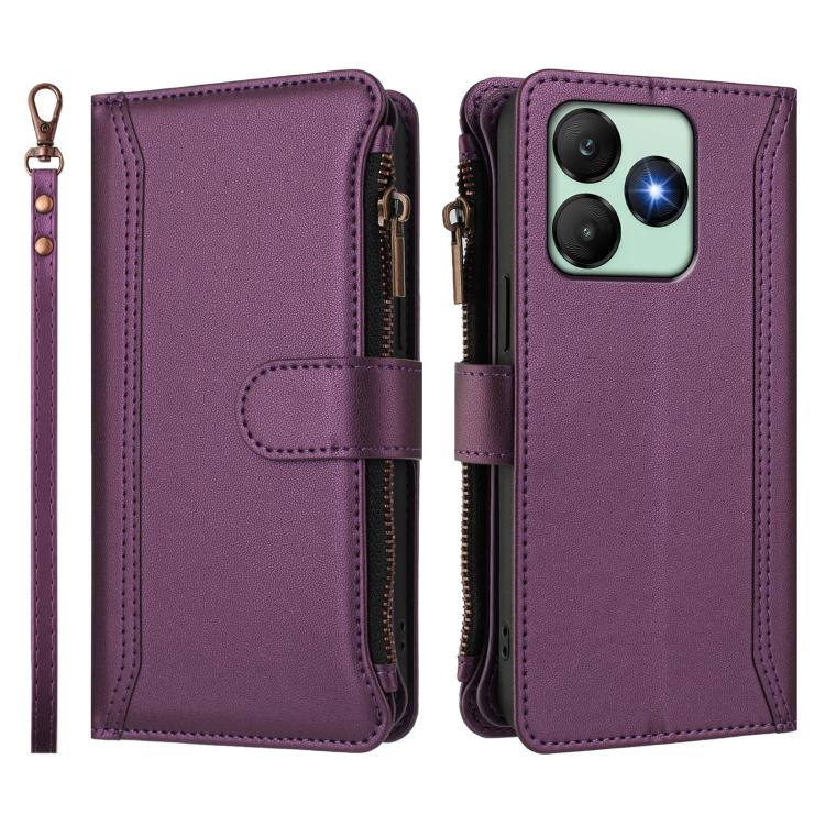 For Wiko T20 Magnetic Closure 9 Card Slots Zipper Leather Case with Hand Strap