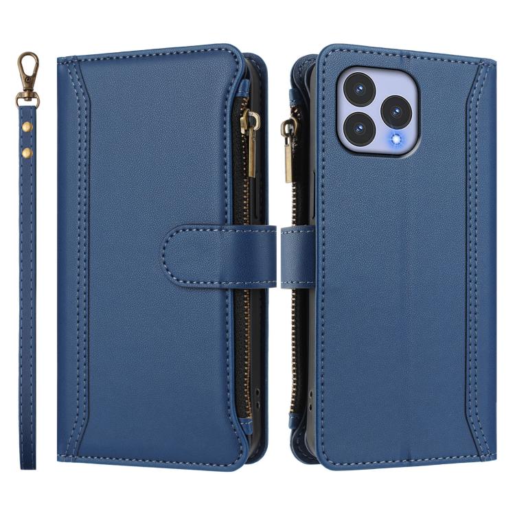 For Wiko T60 / Cubot P80 Magnetic Closure 9 Card Slots Zipper Leather Case with Hand Strap