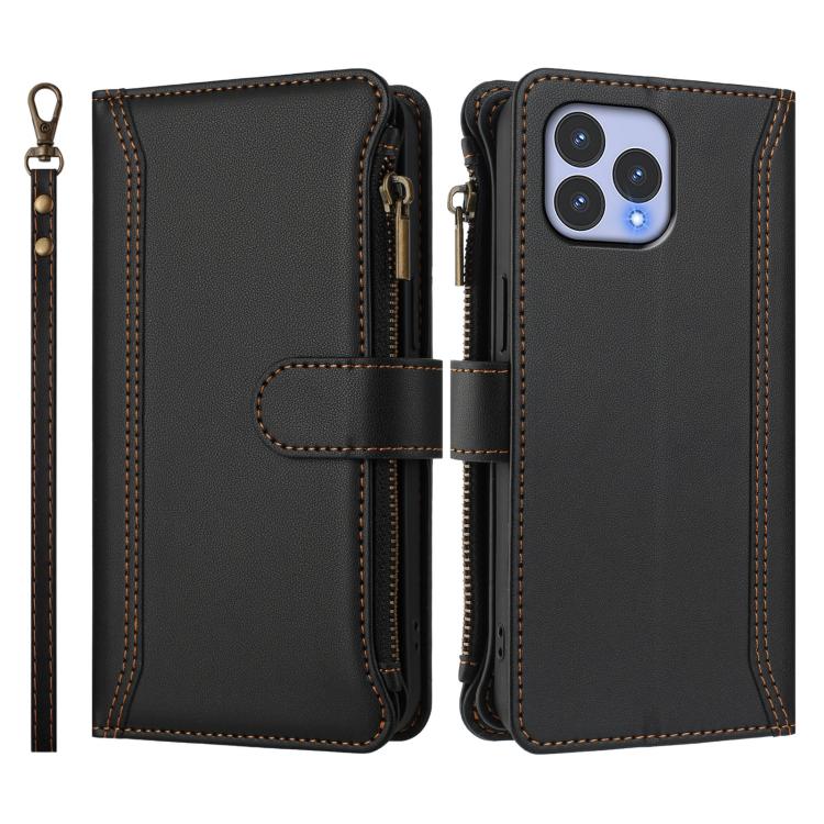 For Wiko T60 / Cubot P80 Magnetic Closure 9 Card Slots Zipper Leather Case with Hand Strap