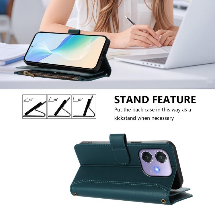 For OPPO A3 4G Global / A60 5G Global Magnetic Closure 9 Card Slots Zipper Leather Case with Hand Strap