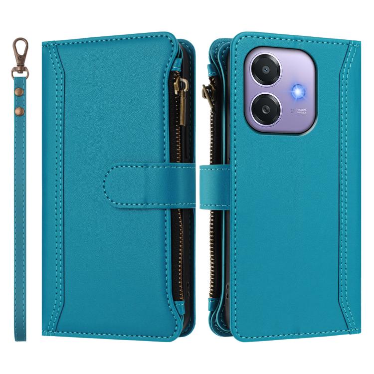 For OPPO A3 4G Global / A60 5G Global Magnetic Closure 9 Card Slots Zipper Leather Case with Hand Strap