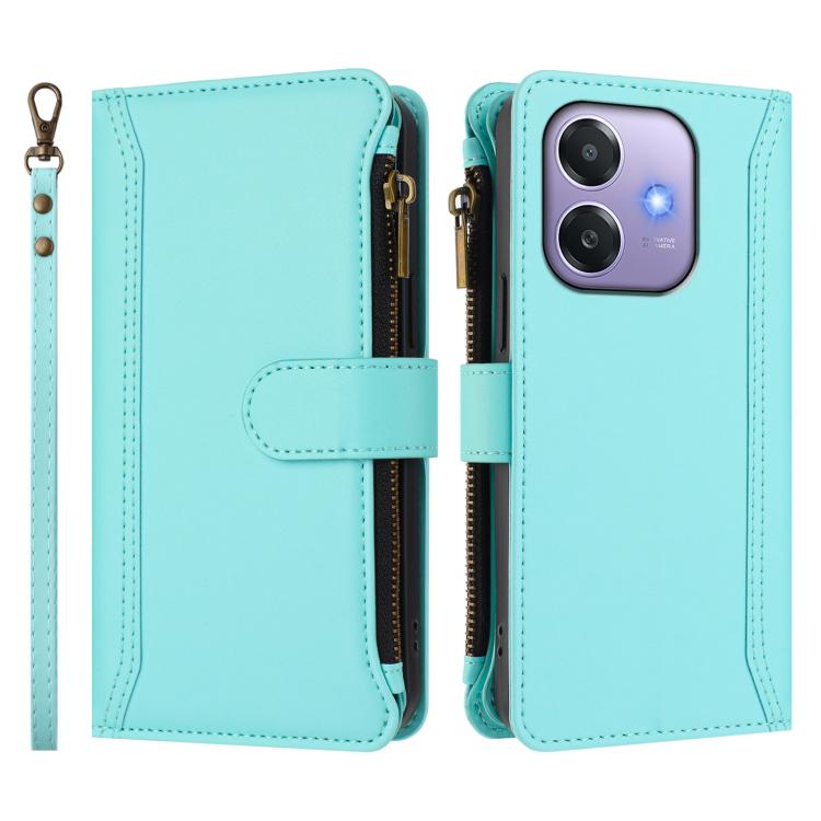 For OPPO A3 4G Global / A60 5G Global Magnetic Closure 9 Card Slots Zipper Leather Case with Hand Strap