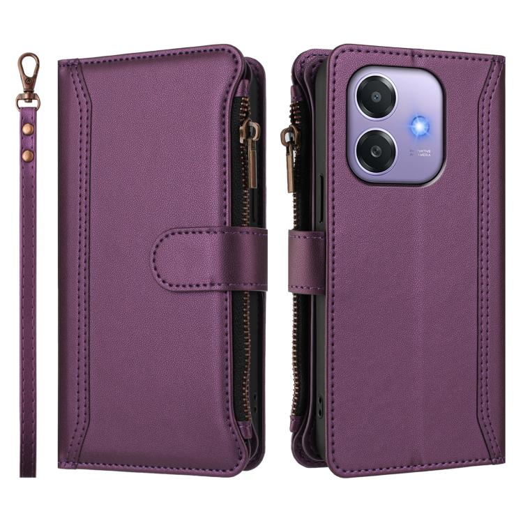 For OPPO A3 4G Global / A60 5G Global Magnetic Closure 9 Card Slots Zipper Leather Case with Hand Strap