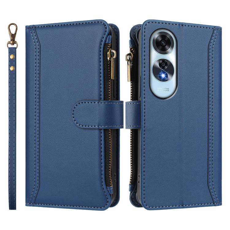 For OPPO A60 4G Global Magnetic Closure 9 Card Slots Zipper Leather Case with Hand Strap