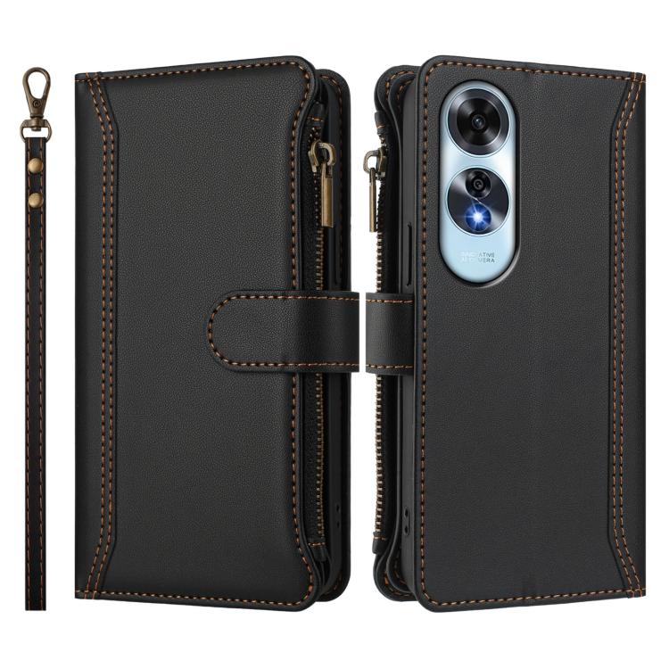 For OPPO A60 4G Global Magnetic Closure 9 Card Slots Zipper Leather Case with Hand Strap