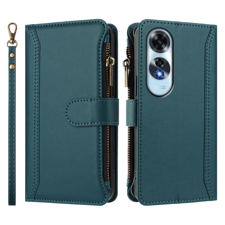 For OPPO A60 4G Global Magnetic Closure 9 Card Slots Zipper Leather Case with Hand Strap